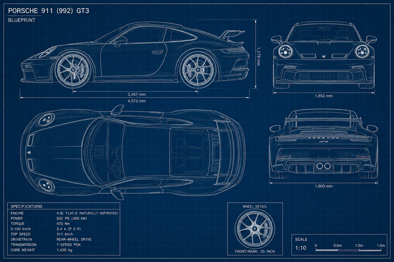 Blueprint of the Porsche 911 (992) GT3: side, front, plan and rear elevations with dimensions, specifications block, wheel detail and scale bar