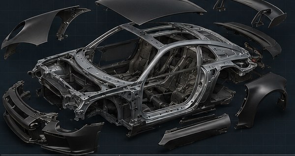 Exploded view of the 992 GT3 chassis and body: body-in-white with roof, wings, doors, bumpers and swan-neck rear wing separated