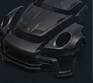 Exploded view of the front clamshell: bonnet, wings, bumper and lower splitter