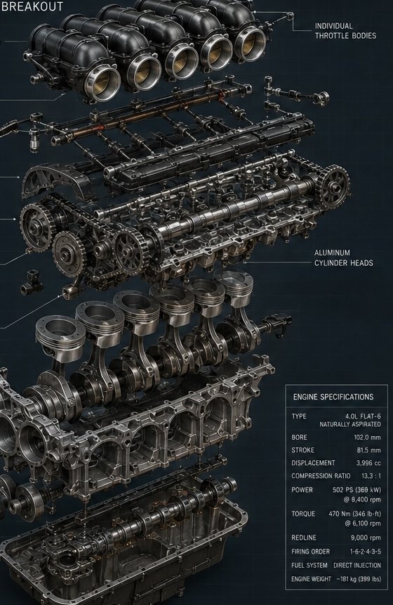 Exploded view of the 4.0-litre flat-six: throttle bodies, fuel rails, valve covers, camshafts and chains, cylinder heads, forged pistons and rods, crankcase, balance shaft and dry-sump pan