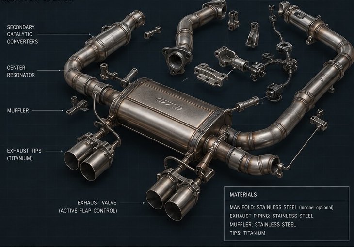 Exploded exhaust system: secondary catalytic converters, centre resonator, GT3 muffler, active exhaust valves and titanium tips