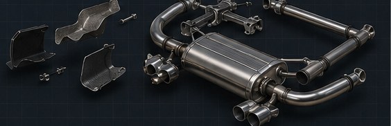 Exploded view of the exhaust system: heat shields, silencer and twin centre-exit tailpipes