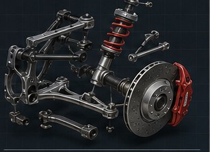 Exploded view of the double-wishbone front suspension with coil-over damper, hub, cross-drilled disc and red caliper
