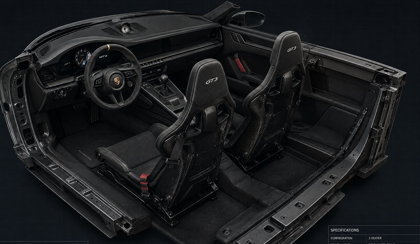 Interior assembly of the 992 GT3, driver side, left-hand drive: GT3 steering wheel with yellow centre marker, tachometer, manual shifter, carbon-fibre full bucket seats with GT3 embroidery, Alcantara and leather