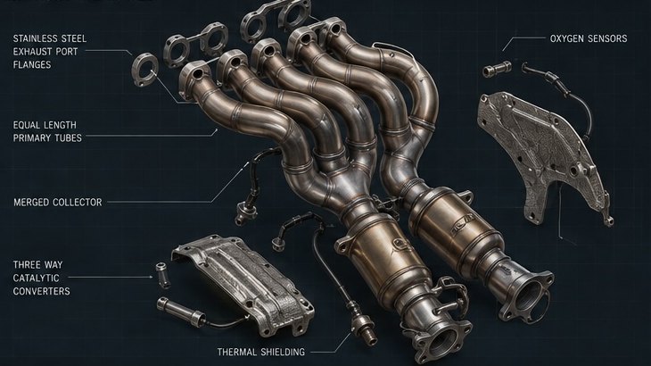 Exploded exhaust manifold: stainless equal-length primary tubes, merged collector, three-way catalytic converters, oxygen sensors and thermal shielding