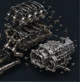 Exploded view of the powertrain with six individual throttle bodies, headers and the PDK gearbox