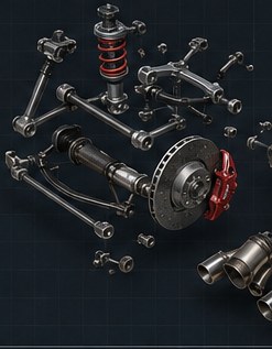 Exploded view of the multi-link rear suspension with damper, hub, disc, caliper and exhaust tips