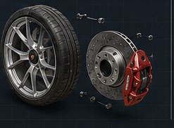 Exploded view of a centre-lock forged wheel, tyre, cross-drilled steel disc and red caliper