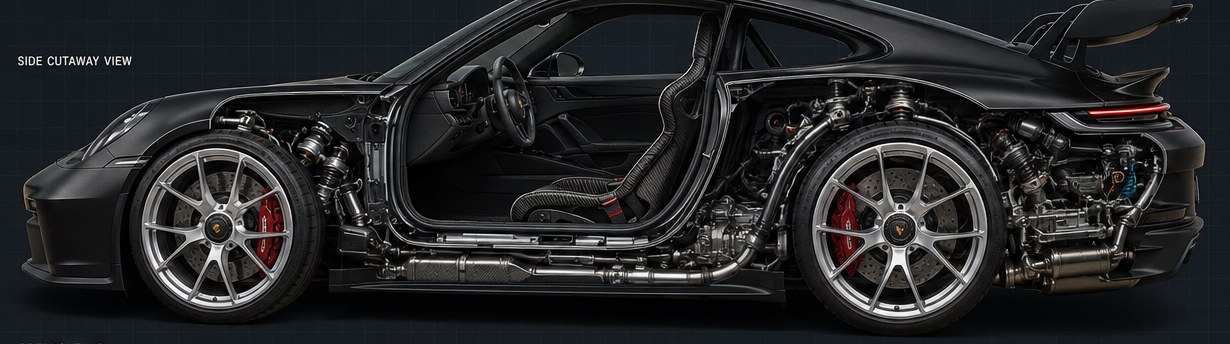 Side cutaway view of the Porsche 911 (992) GT3 showing the front suspension, roll-cage-style body structure, seats, exhaust and the rear-mounted 4.0-litre flat-six