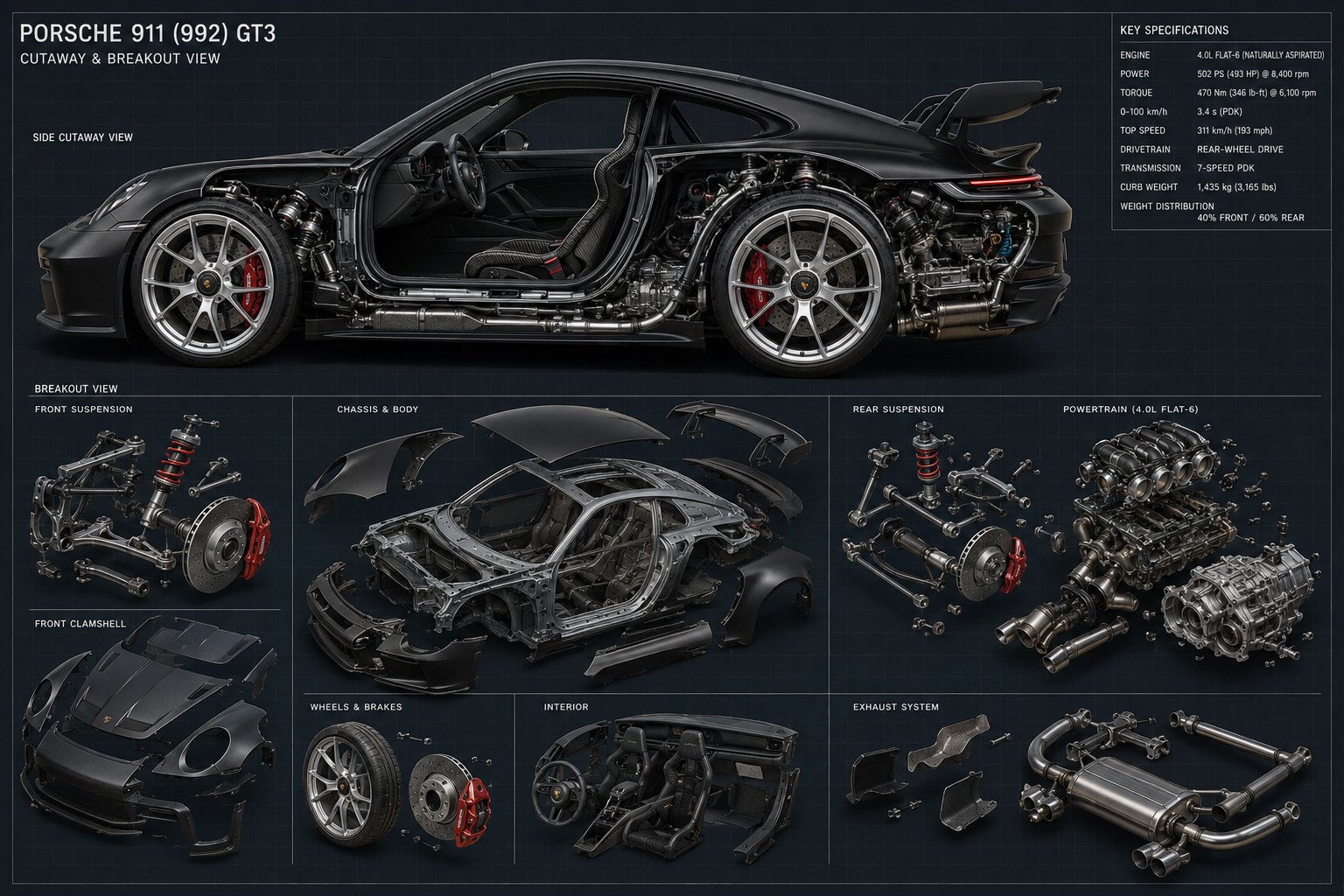 The full cutaway and breakout plate of the Porsche 911 (992) GT3 with key specifications