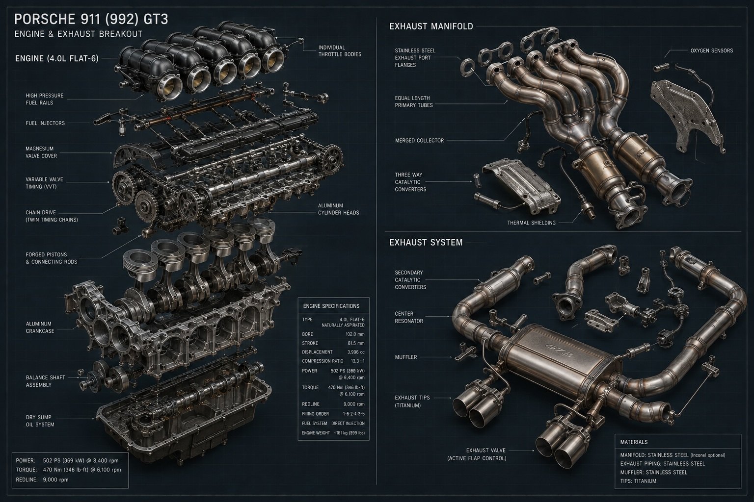 Porsche 911 (992) GT3 engine and exhaust breakout drawing with engine specifications: 4.0 L flat-six naturally aspirated, bore 102.0 mm, stroke 81.5 mm, 3,996 cc, compression 13.3:1, 502 PS at 8,400 rpm, 470 Nm at 6,100 rpm, 9,000 rpm redline, firing order 1-6-2-4-3-5, direct injection, engine weight about 181 kg