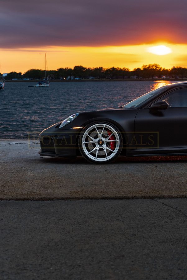 Front-quarter detail of the GT3 at sunset