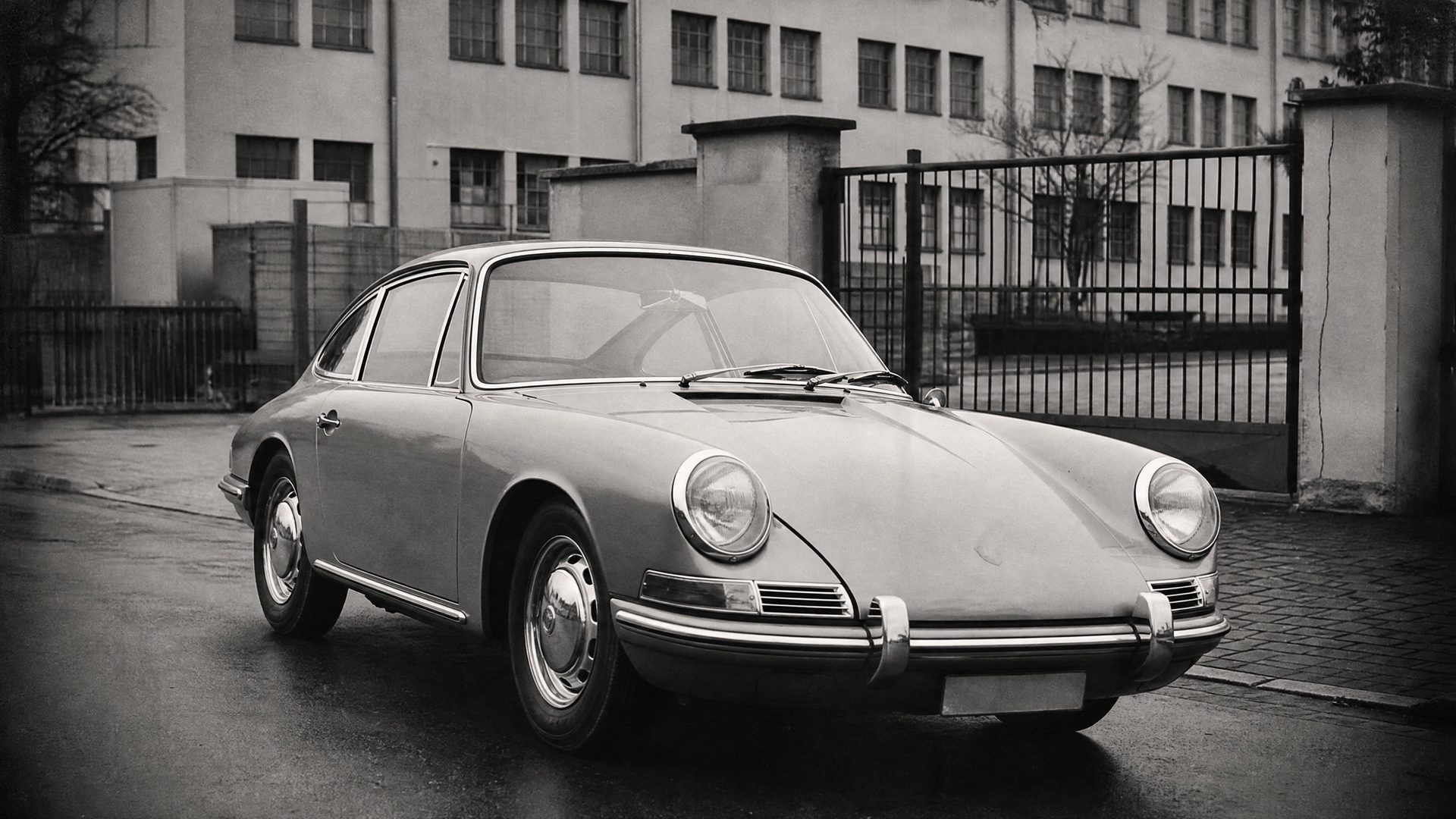 Archival black-and-white photograph of the original 1963 Porsche 911, narrow body with round headlights and chrome bumpers