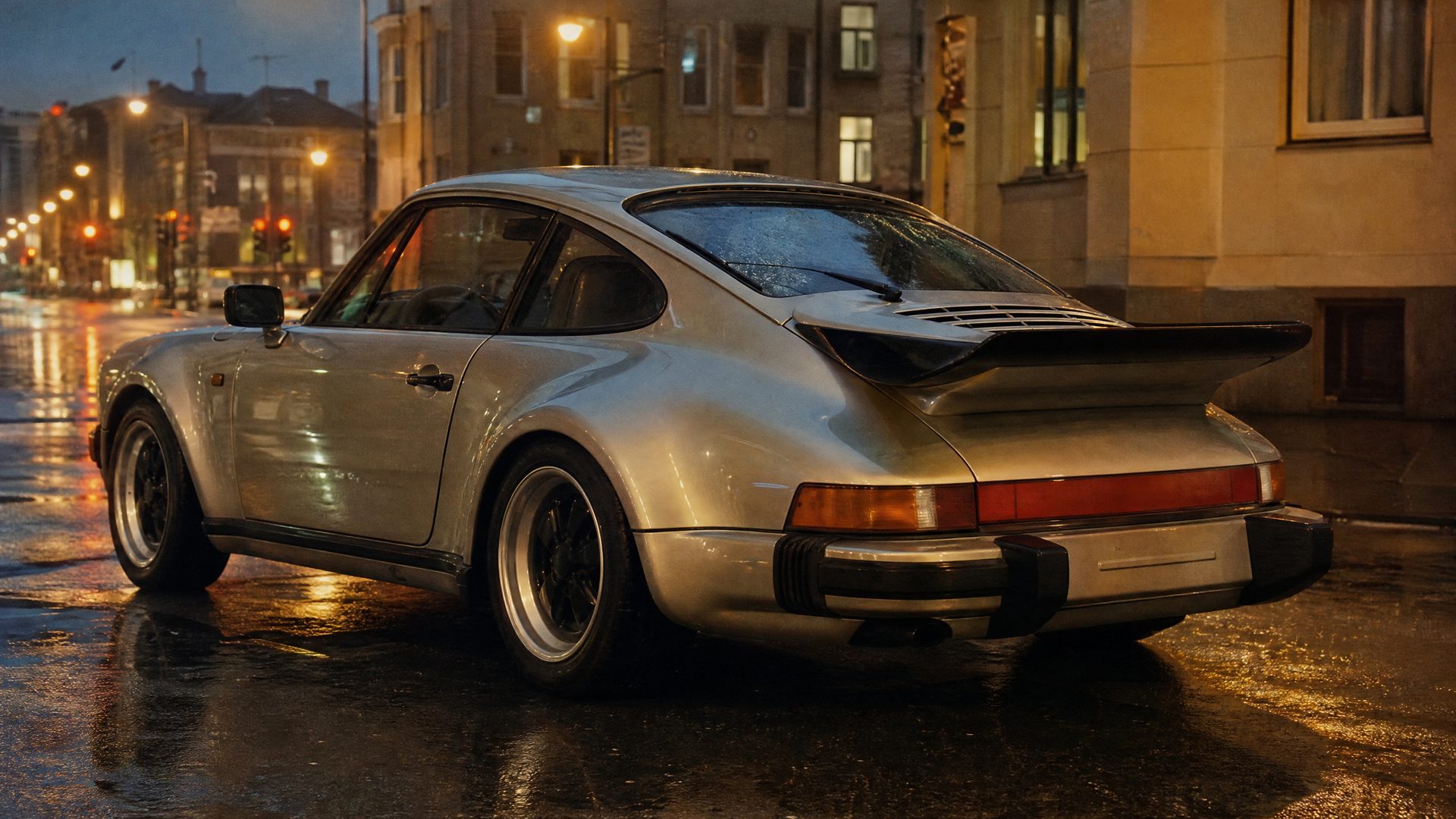 Late-1970s photograph of a silver Porsche 911 Turbo (930) with whale-tail wing on a wet city street at dusk