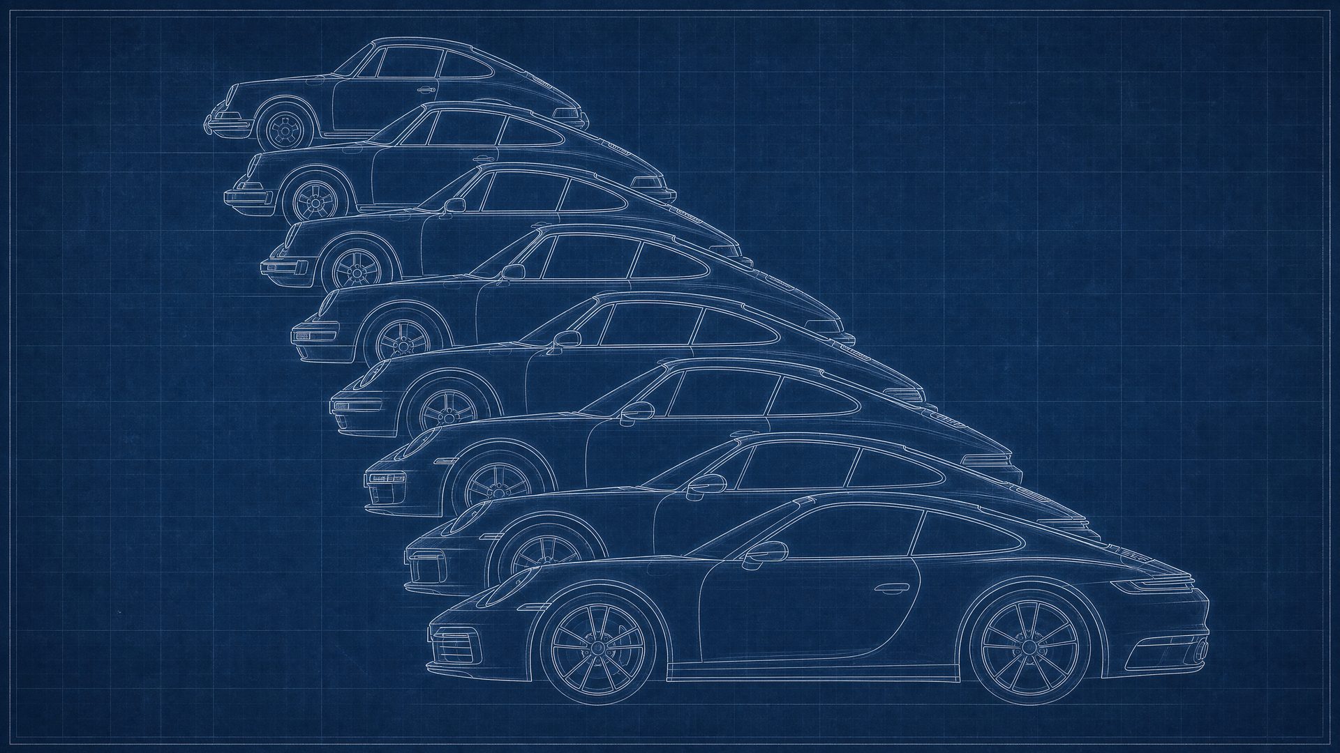 Blueprint drawing of eight Porsche 911 side elevations from 1963 to 2026, fanned and overlapping to show how the silhouette stretched and widened