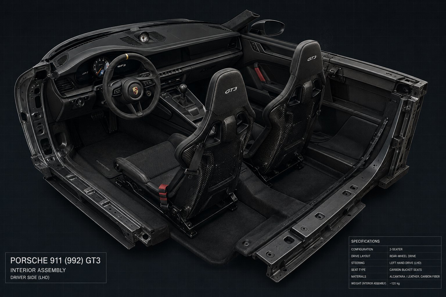 Porsche 911 (992) GT3 interior assembly drawing, driver side, left-hand drive, with specifications: 2-seater, rear-wheel drive, carbon bucket seats, Alcantara, leather and carbon fibre, interior assembly about 120 kg